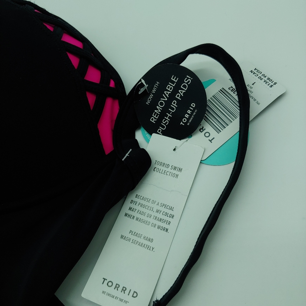 NEW Torrid | Black Lattice & Hot Pink Peekaboo Push-Up Demi Swimsuit One Piece 1 - Picture 8 of 15